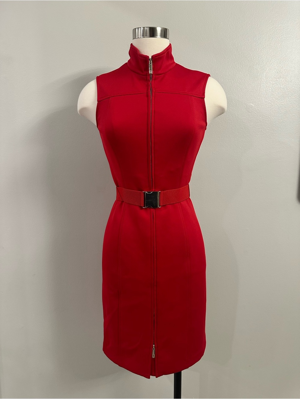 Tommy Hilfiger Sleeveless Red Zip-Front Belted Midi Dress